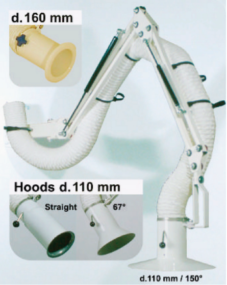 Chart showing the 4 types of Plymoth Super P fume extraction arm hoods - dia 160mm, dia 110mm - straight 67 degrees, 150 degrees